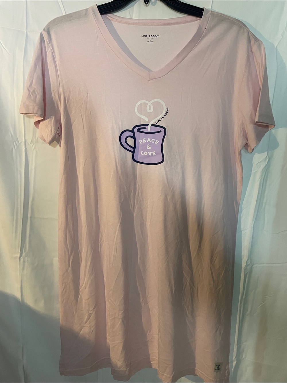 Life Is Good Light Pink V‑Neck Tee sleep Dress with Purple Cup Graphic